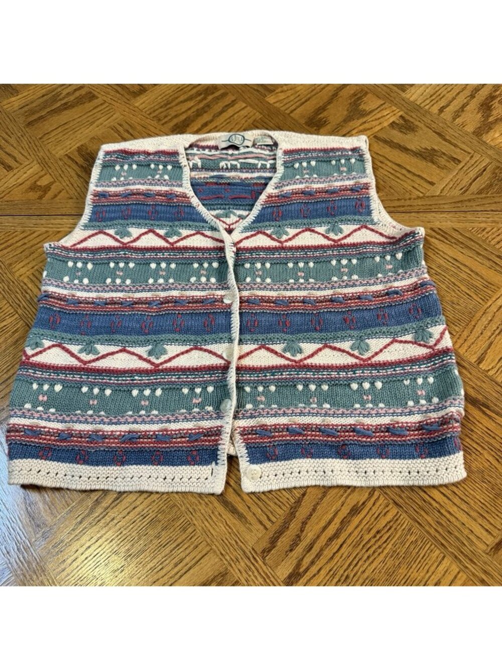 Vintage J.JILL Knit Stripe‎ Boxy Sweater Vest Cardigan Womens Large Cottage Farm